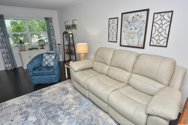 living room featuring crown molding and wood finished floors
