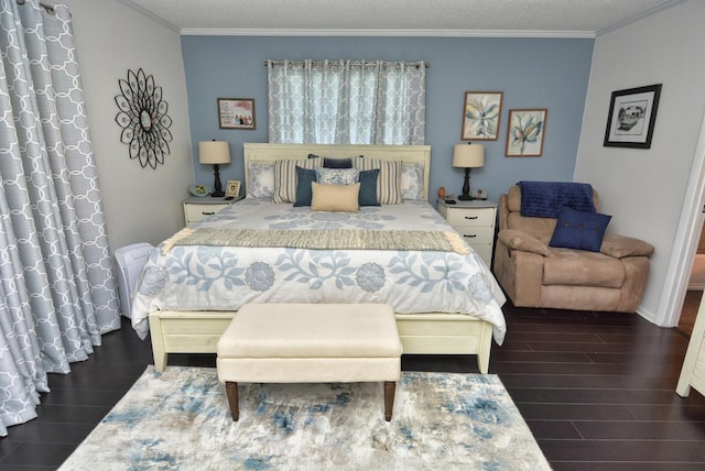 bedroom featuring ornamental molding and wood tiled floor