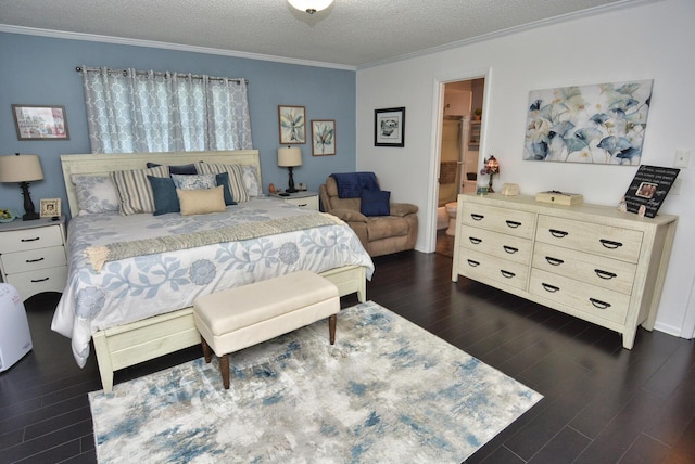 bedroom with crown molding, a textured ceiling, and dark wood-type flooring