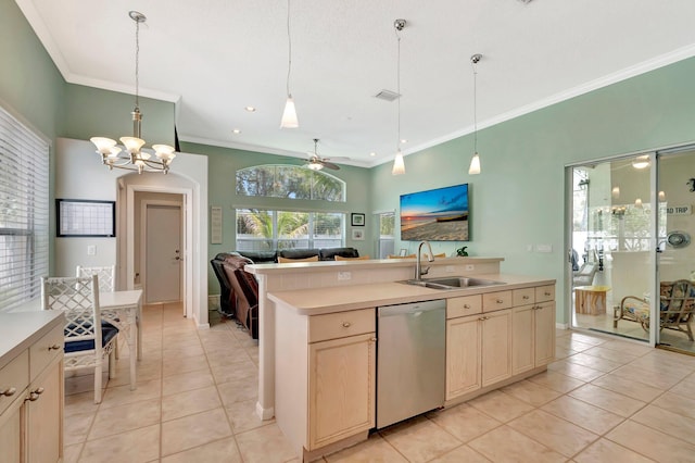 kitchen featuring stainless steel dishwasher, light tile patterned flooring, ornamental molding, and a sink