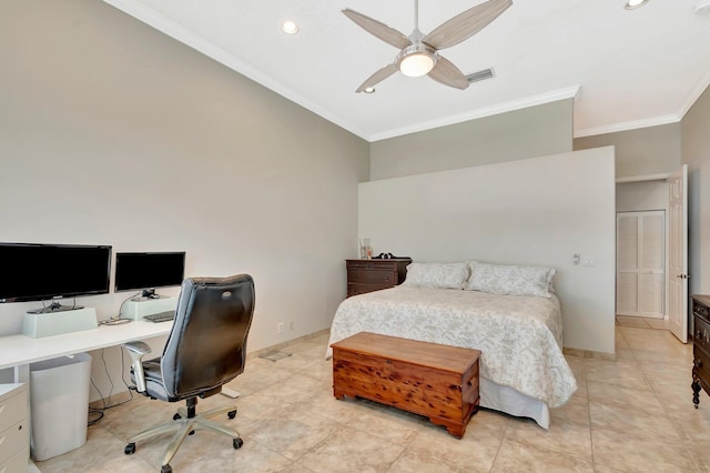 bedroom featuring ceiling fan, light tile patterned floors, ornamental molding, and recessed lighting