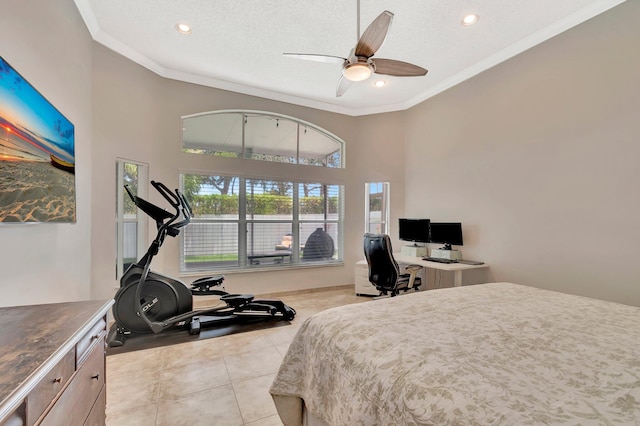 bedroom with light tile patterned floors, ornamental molding, and recessed lighting