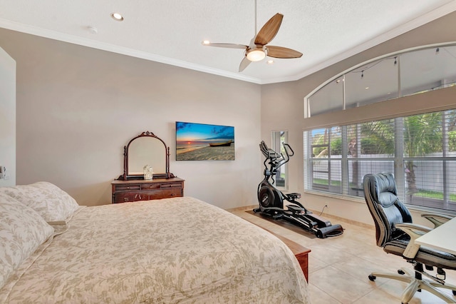 tiled bedroom featuring crown molding, ceiling fan, and recessed lighting