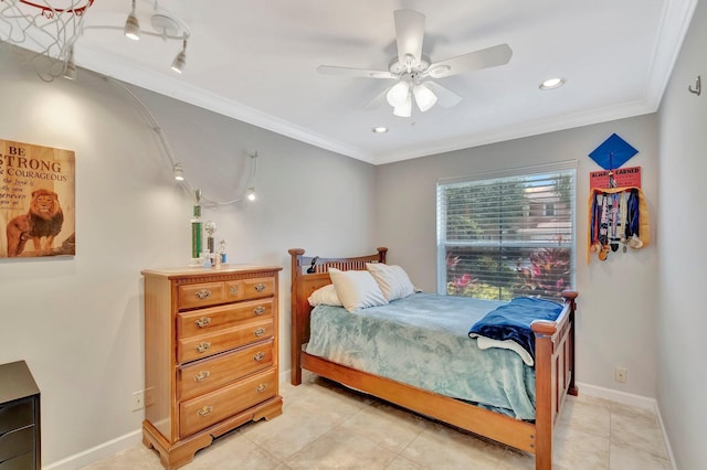 bedroom featuring ceiling fan, baseboards, light tile patterned flooring, and ornamental molding