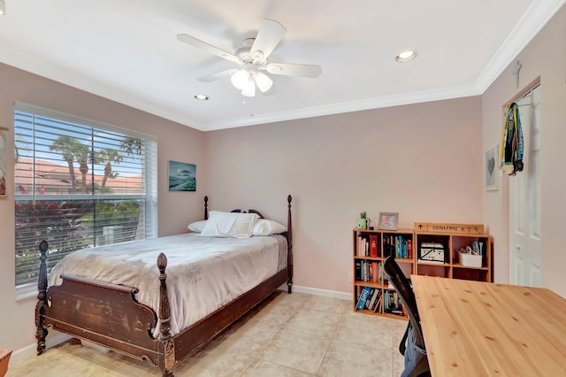 bedroom featuring ornamental molding, light tile patterned flooring, recessed lighting, a ceiling fan, and baseboards