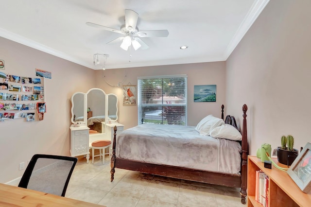 bedroom with ceiling fan, ornamental molding, light tile patterned flooring, and recessed lighting