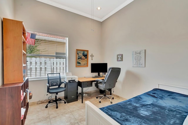 office featuring crown molding, light tile patterned floors, baseboards, and recessed lighting
