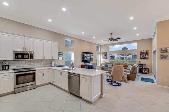 kitchen featuring appliances with stainless steel finishes, a sink, ornamental molding, a peninsula, and recessed lighting
