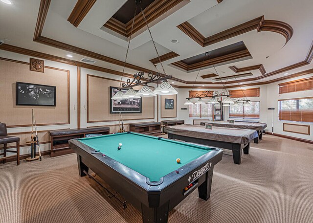 recreation room featuring billiards table, carpet, ornamental molding, coffered ceiling, and baseboards