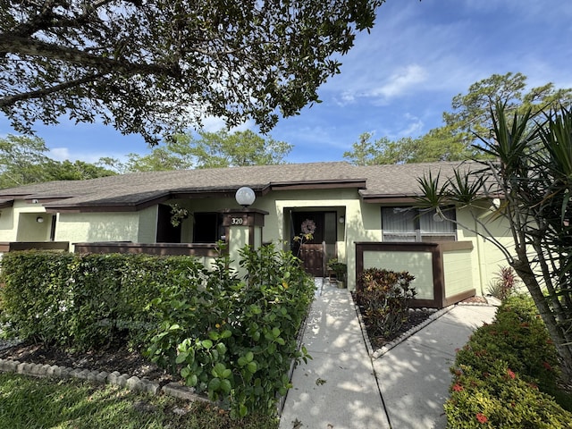 ranch-style home featuring stucco siding and a shingled roof