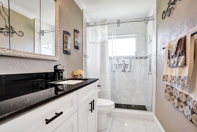 bathroom featuring toilet, a marble finish shower, crown molding, marble finish floor, and vanity
