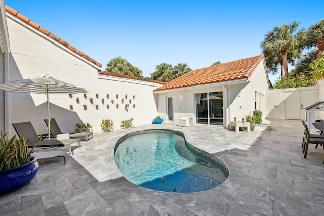 view of swimming pool with a fenced in pool, a fenced backyard, a patio area, and a gate