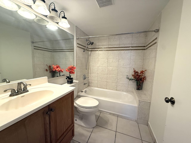 bathroom with tile patterned floors, toilet, tub / shower combination, and vanity