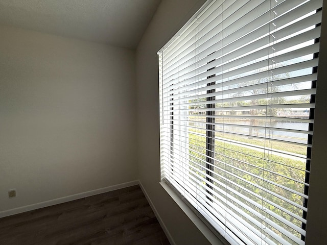 detailed view of baseboards, wood finished floors, and a water view