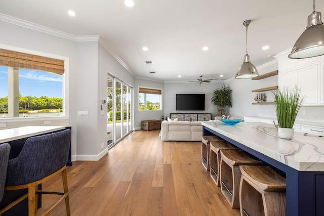 19100 SE County Line Rd, Jupiter, FL 33469 - kitchen with recessed lighting, open shelves, pendant lighting, light wood-style flooring, and a ceiling fan