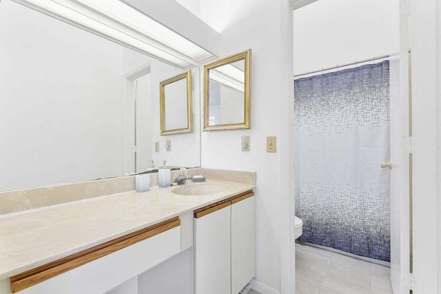 full bathroom with vanity, a shower with curtain, and toilet