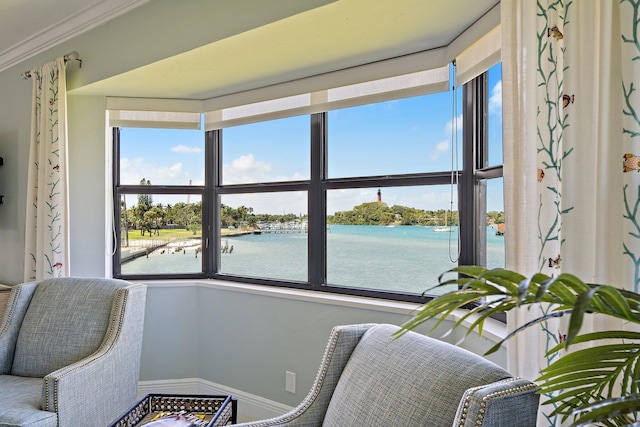 living area featuring a healthy amount of sunlight, a water view, and baseboards