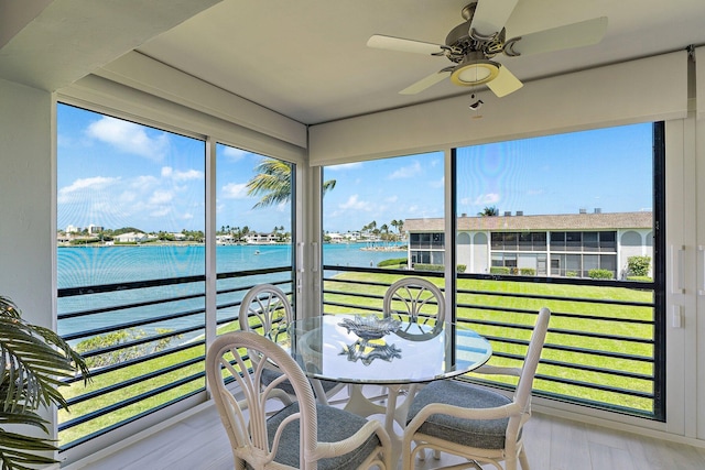 sunroom / solarium with a water view