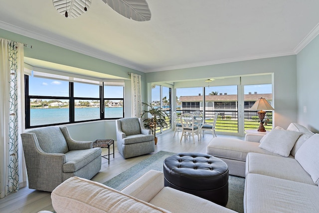 living area with a water view, ornamental molding, and light wood finished floors