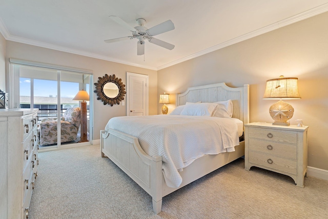 bedroom featuring crown molding, access to outside, baseboards, and light colored carpet