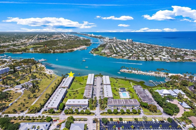 drone / aerial view featuring a water view