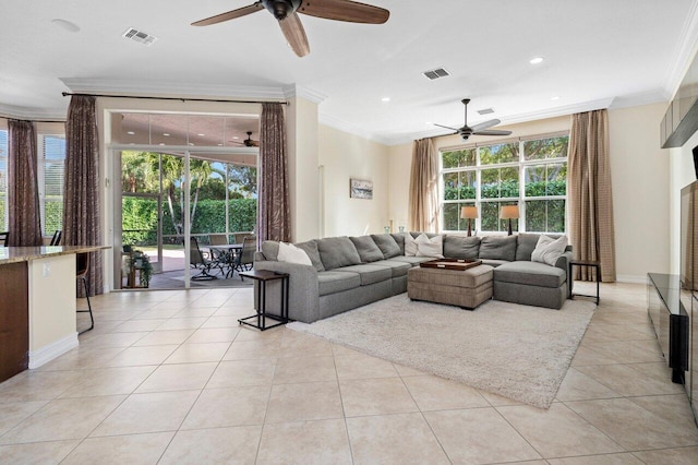 9481 Mcaneeny Ct, Wellington, FL 33414 - living room with ceiling fan, crown molding, light tile patterned flooring, and recessed lighting