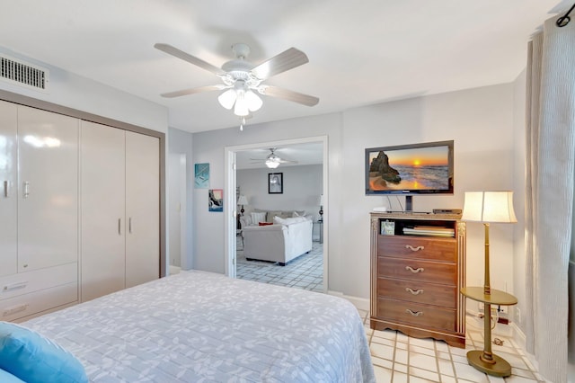 bedroom featuring a closet, a ceiling fan, and baseboards