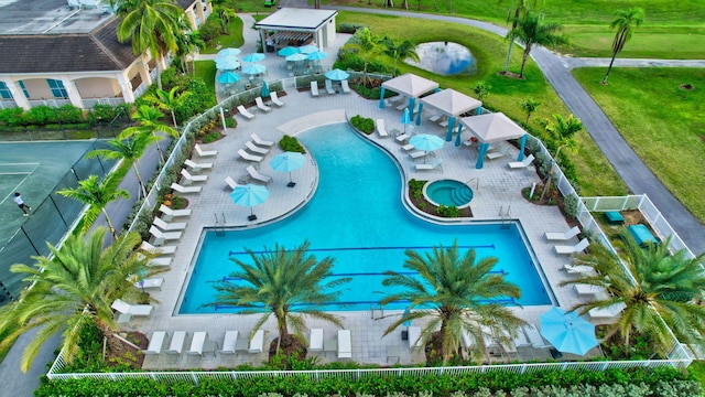 aerial view of a pool area