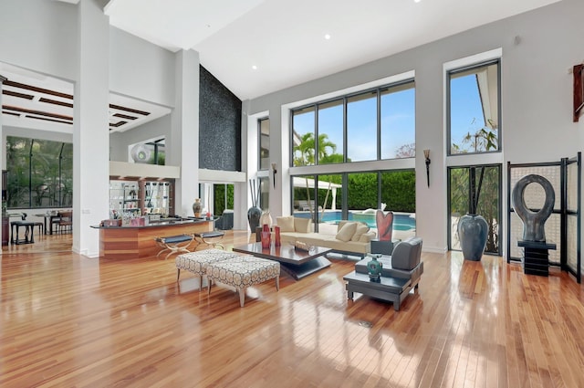 2393 NW 59th St, Boca Raton, FL 33496 - living room featuring light wood-type flooring and high vaulted ceiling