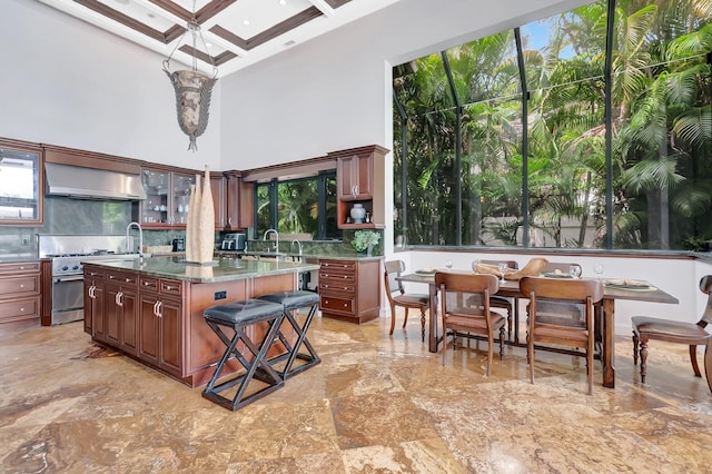2393 NW 59th St, Boca Raton, FL 33496 - kitchen with a high ceiling, coffered ceiling, high end range, under cabinet range hood, and tasteful backsplash