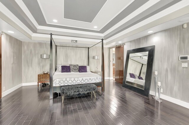 2393 NW 59th St, Boca Raton, FL 33496 - bedroom with a barn door, baseboards, crown molding, wood finished floors, and a raised ceiling