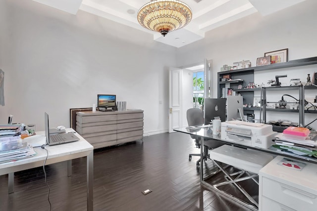 2393 NW 59th St, Boca Raton, FL 33496 - home office with baseboards, a tray ceiling, and dark wood-style floors