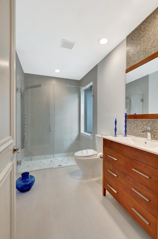 2393 NW 59th St, Boca Raton, FL 33496 - bathroom with toilet, vanity, visible vents, recessed lighting, and a stall shower