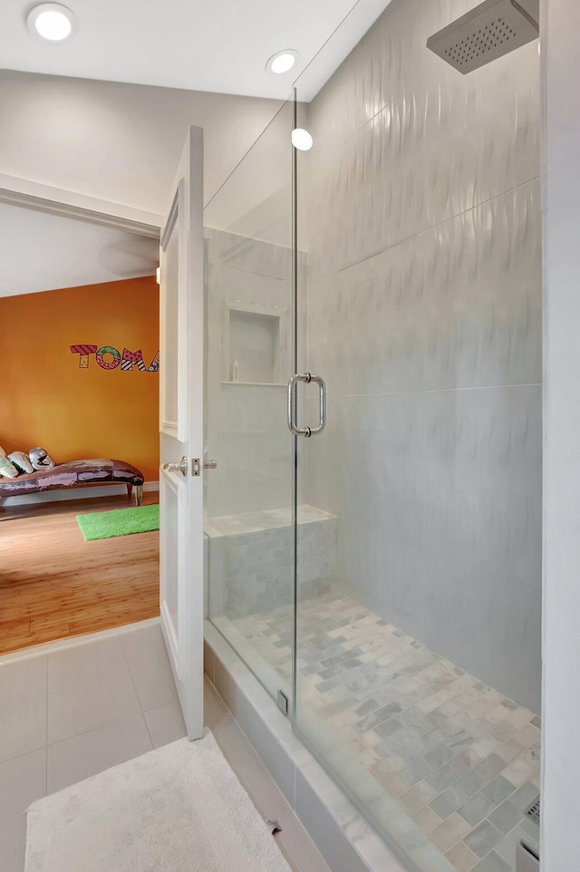 2393 NW 59th St, Boca Raton, FL 33496 - full bathroom with a stall shower, recessed lighting, tile patterned floors, and ensuite bath