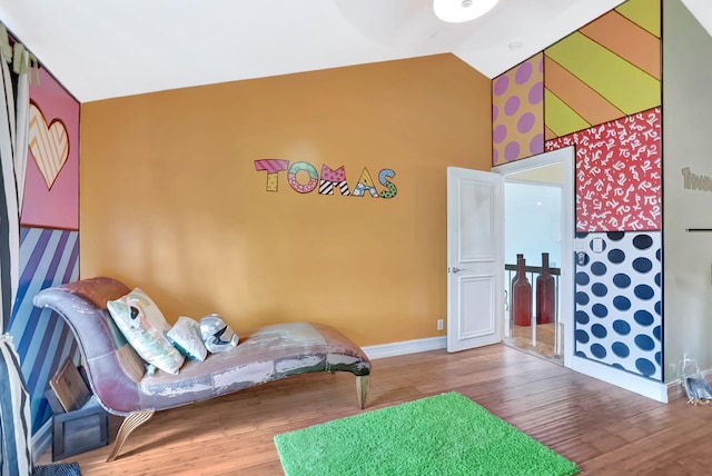 2393 NW 59th St, Boca Raton, FL 33496 - bedroom featuring baseboards, high vaulted ceiling, wallpapered walls, and wood finished floors