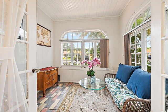 328 Monroe Dr, West Palm Beach, FL 33405 - sitting room with brick floors, ornamental molding, and wooden ceiling