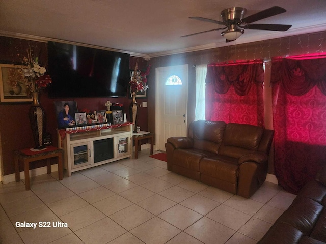 1441 W Central St, Lantana, FL 33462 - tiled living room featuring ceiling fan and ornamental molding