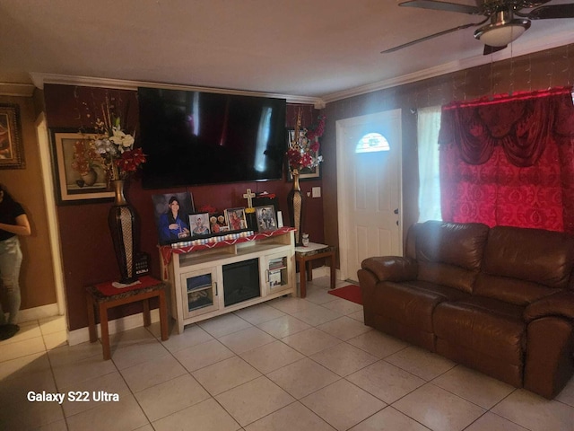 1441 W Central St, Lantana, FL 33462 - living room featuring light tile patterned flooring, ceiling fan, and crown molding