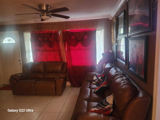 1441 W Central St, Lantana, FL 33462 - living room with ornamental molding, light tile patterned floors, and ceiling fan