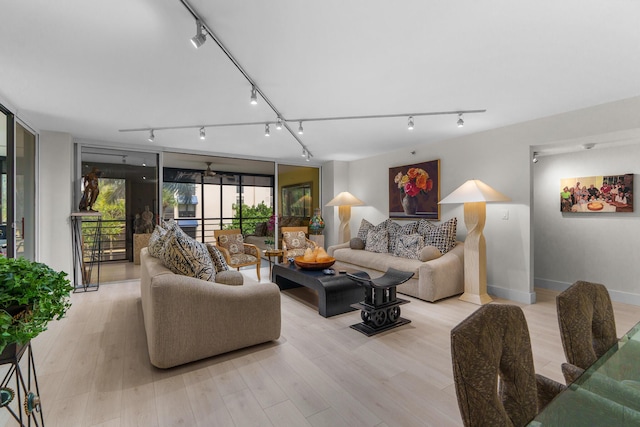 living area featuring track lighting, light wood finished floors, and baseboards