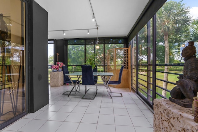 sunroom / solarium featuring rail lighting and healthy amount of natural light