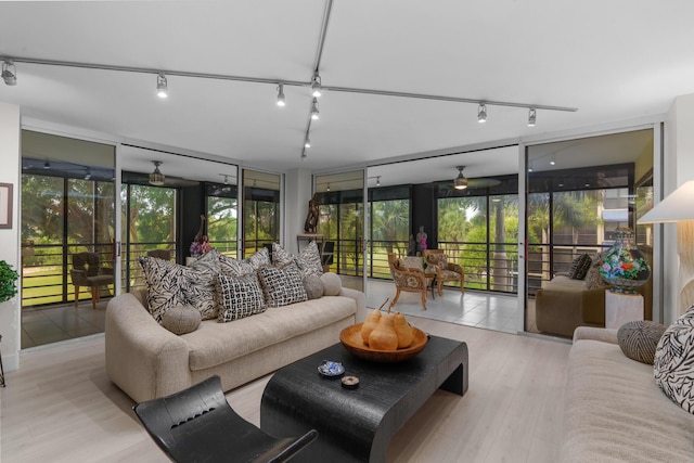 living area featuring rail lighting, wood finished floors, and a wall of windows