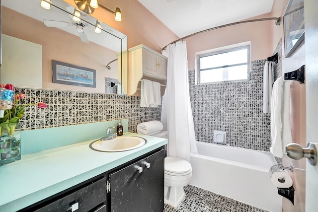 848 Johnson St, Hollywood, FL 33019 - full bathroom featuring toilet, shower / tub combo with curtain, tile walls, tile patterned flooring, and vanity