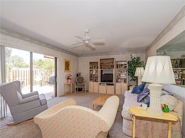 carpeted living room featuring ceiling fan, a textured ceiling, and wallpapered walls