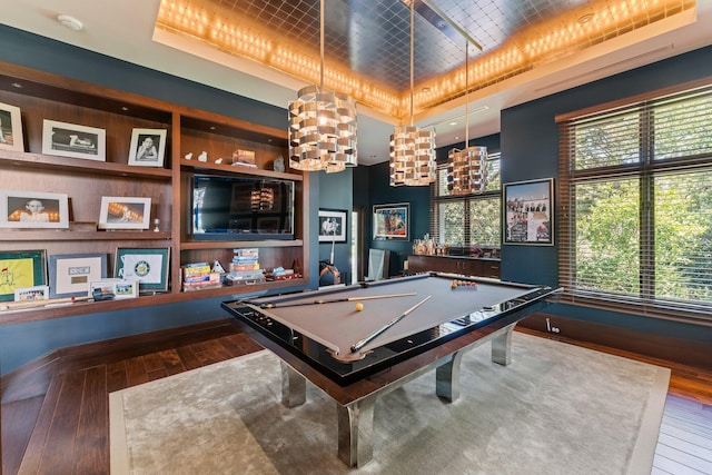 232 Bears Club Dr, Jupiter, FL 33477 - playroom featuring a raised ceiling, pool table, and wood-type flooring