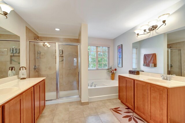 6805 Osage Cir, Greenacres, FL 33413 - full bath with a stall shower, tile patterned flooring, two vanities, and recessed lighting