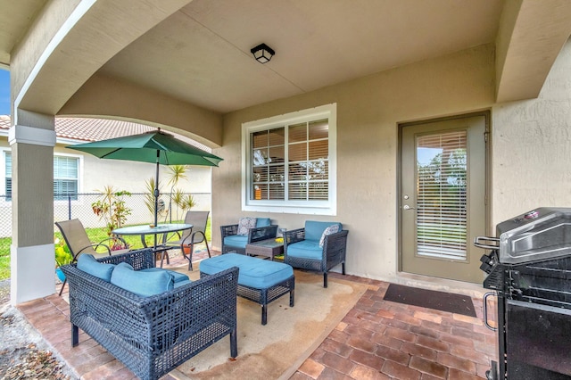 6805 Osage Cir, Greenacres, FL 33413 - view of patio featuring outdoor lounge area, a grill, fence, and outdoor dining space