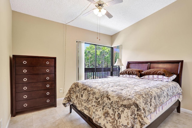 1961 SW 15th St Unit 82, Deerfield Beach, FL 33442 - bedroom featuring access to exterior, a textured ceiling, baseboards, a ceiling fan, and light tile patterned floors