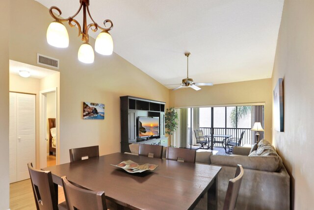 1961 SW 15th St Unit 82, Deerfield Beach, FL 33442 - dining space with a ceiling fan, light wood-style flooring, and high vaulted ceiling
