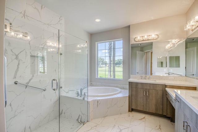 179 Tresana Blvd Unit 145, Jupiter, FL 33478 - full bath featuring vanity, a bath, a marble finish shower, marble finish floors, and recessed lighting